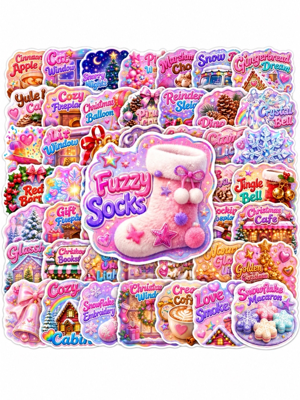 50 Pc Pink Christmas Winter Holiday Sticker Pack Cute Cozy Designs NEW